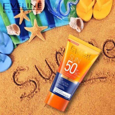 قیمت،خرید و طرز استفاده از کرم ضد آفتاب بی رنگ اولاین Eveline اصل SPF50 برای پوست حساس و مستعد به آلرژی
